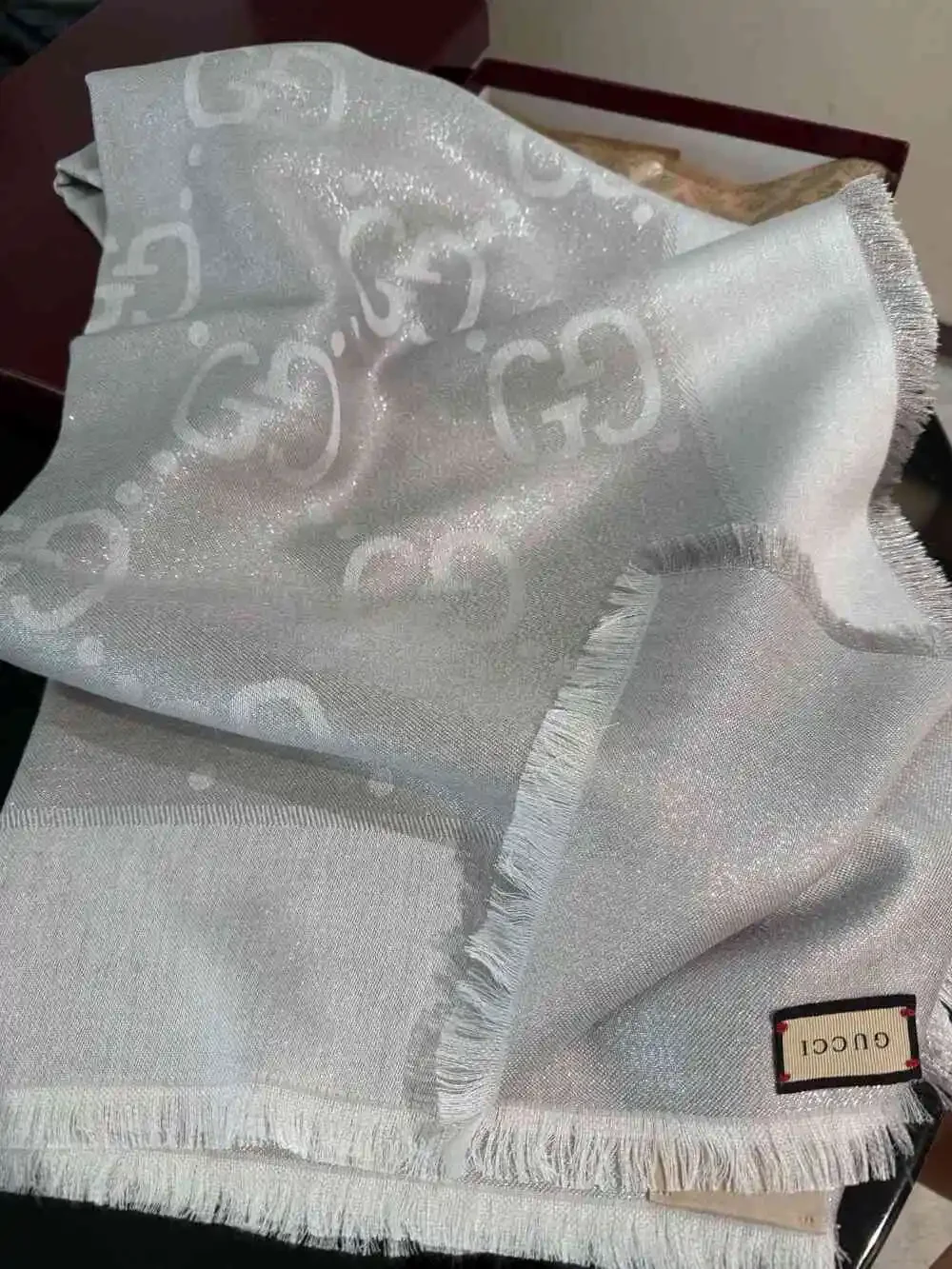 GUCCI Metallic Silver GG Monogram Scarf